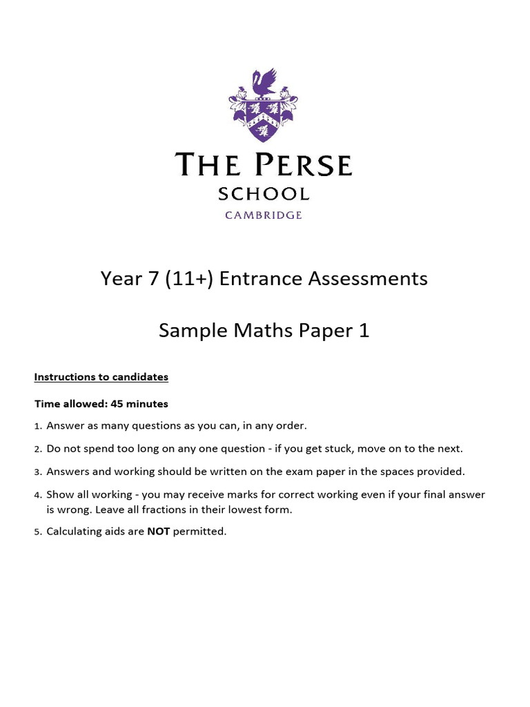 Year 7 Maths Entrance Exam Sample | PDF | Area | Mathematics