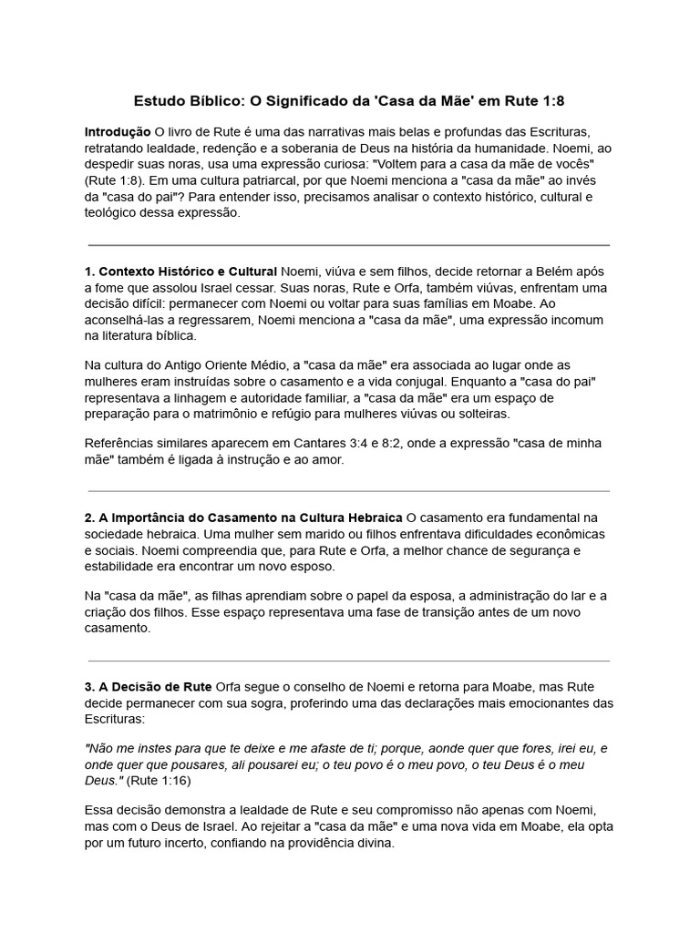 Significado da 'Casa da Mãe' em Rute 1:8 | PDF | Livro de Ruth | Bíblia
