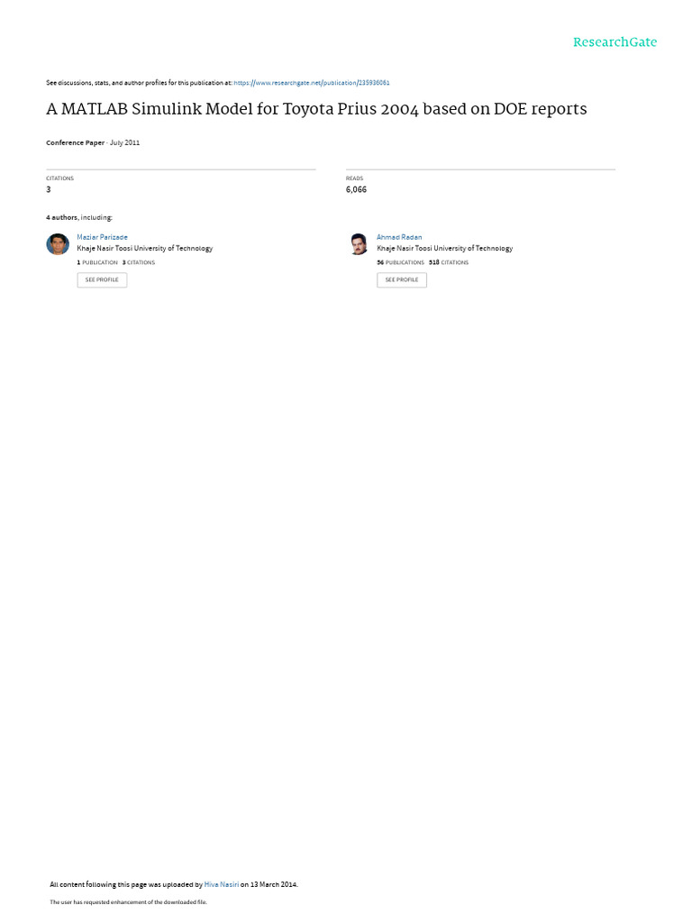 A Matlab Simulink Model For Toyota Prius 2004 Based On DOE Reports ...