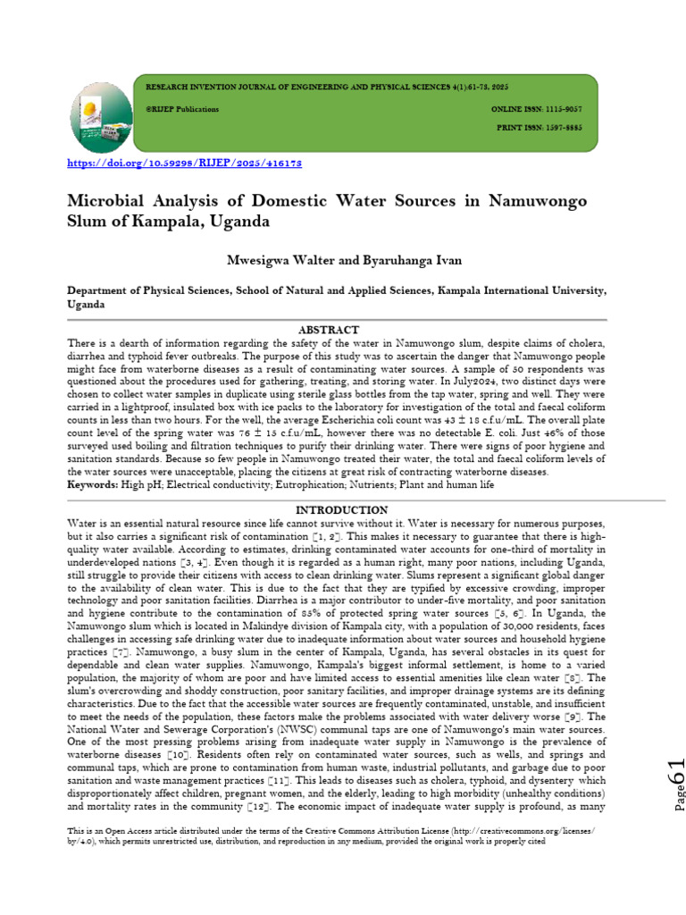 Microbial Safety of Namuwongo Water Sources | PDF | Water Pollution ...