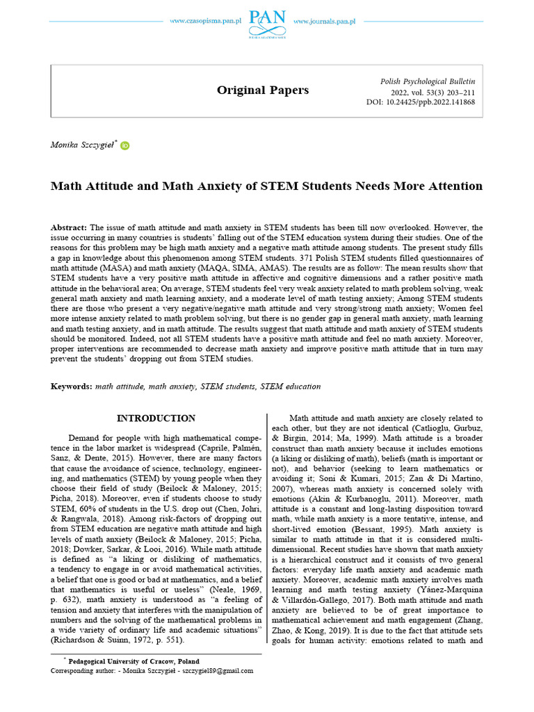 Math Attitude and Anxiety in STEM Students | PDF | Anxiety | Mathematics
