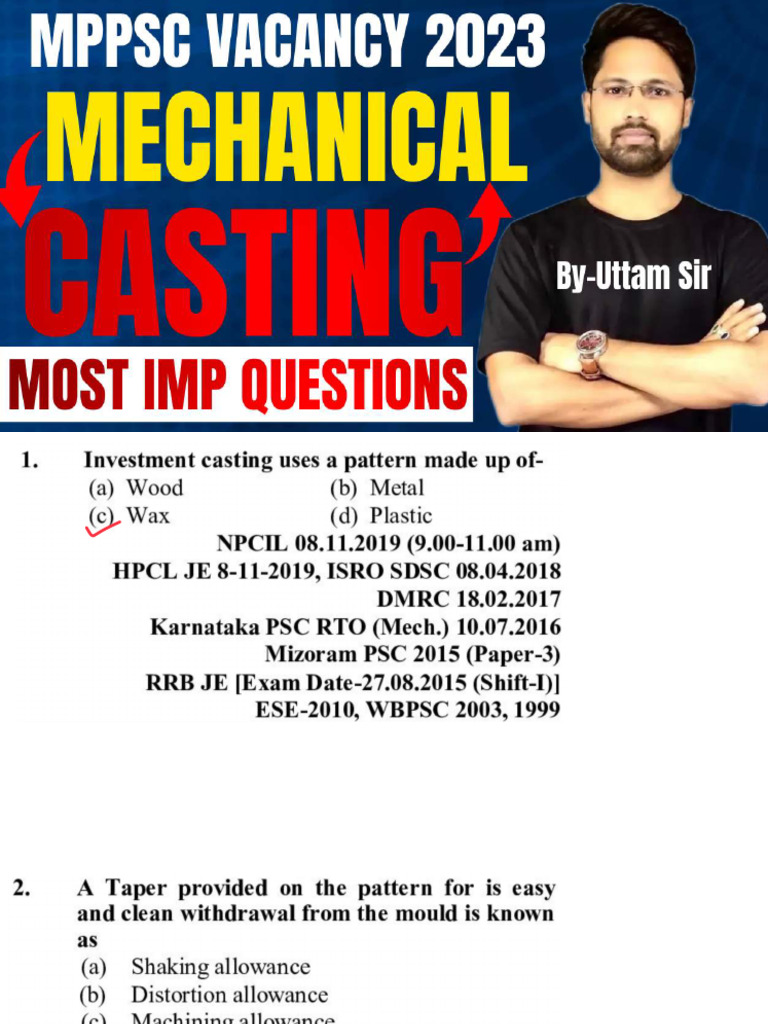 Casting-Most Repeated MCQs in SSC JE, RRB JE & All JE AE - 22735740 ...
