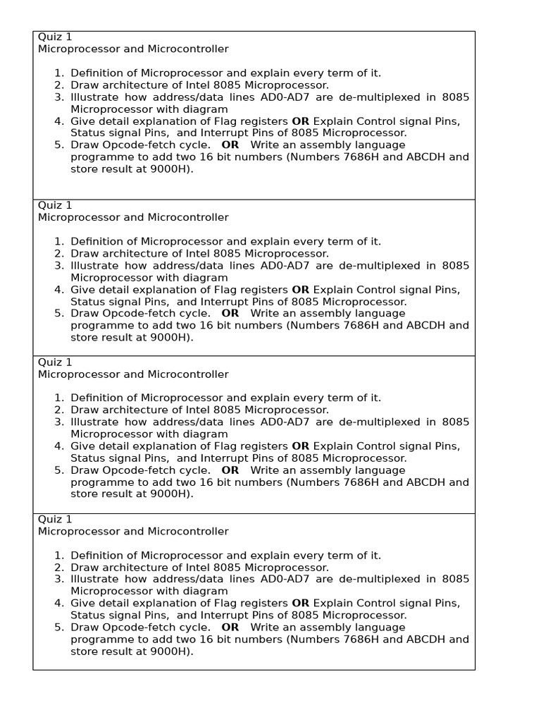 Intel 8085 Microprocessor Quiz Guide | PDF