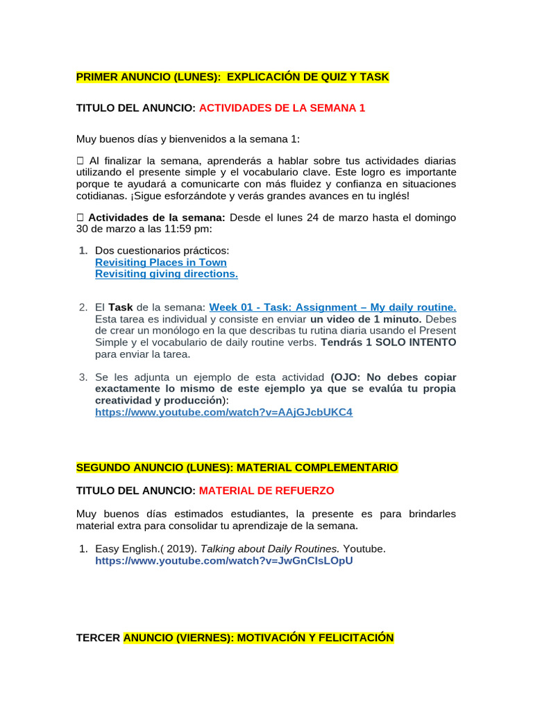 Actividades y Tareas Semana 1 Inglés | PDF