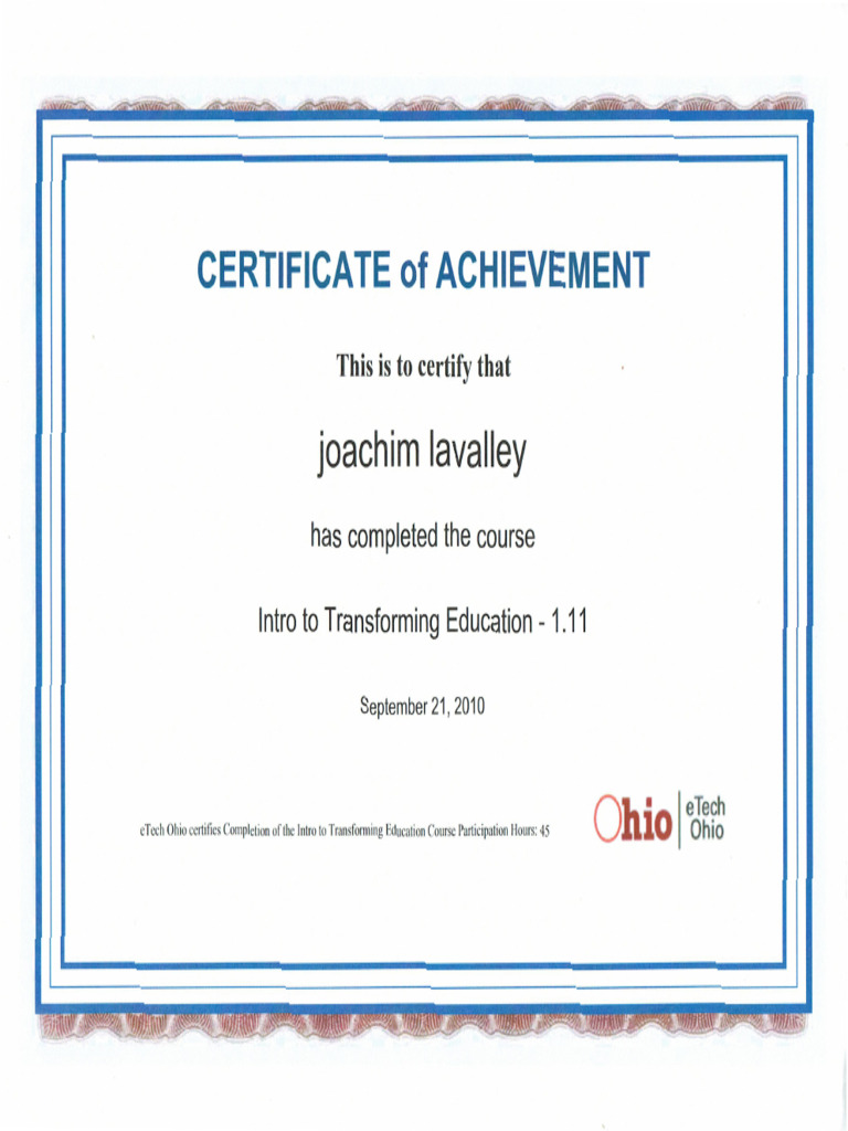 Etech Certificate of Achievement Transforming Education | PDF