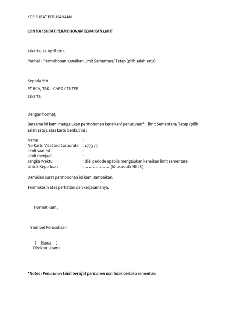 Contoh Surat Permohonan Kenaikan Limit | PDF