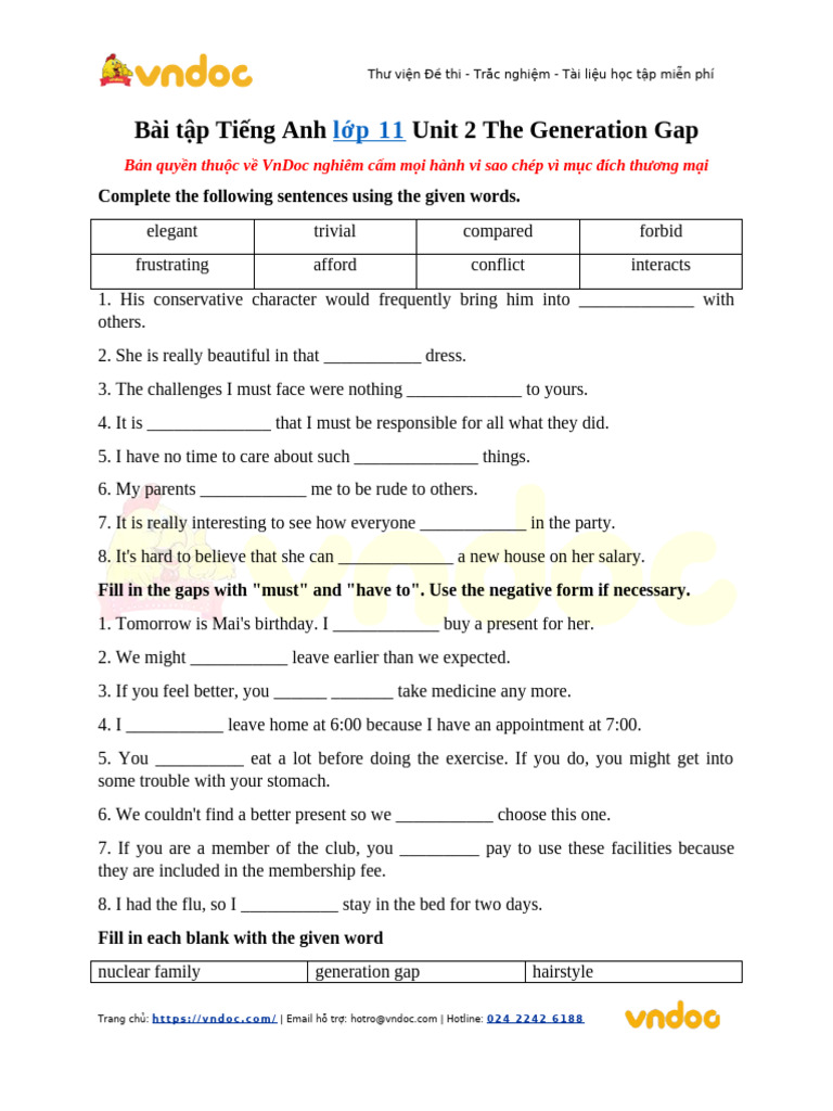Bai Tap Tieng Anh Lop 11 Unit 1 The Generation Gap Nang Cao | PDF ...