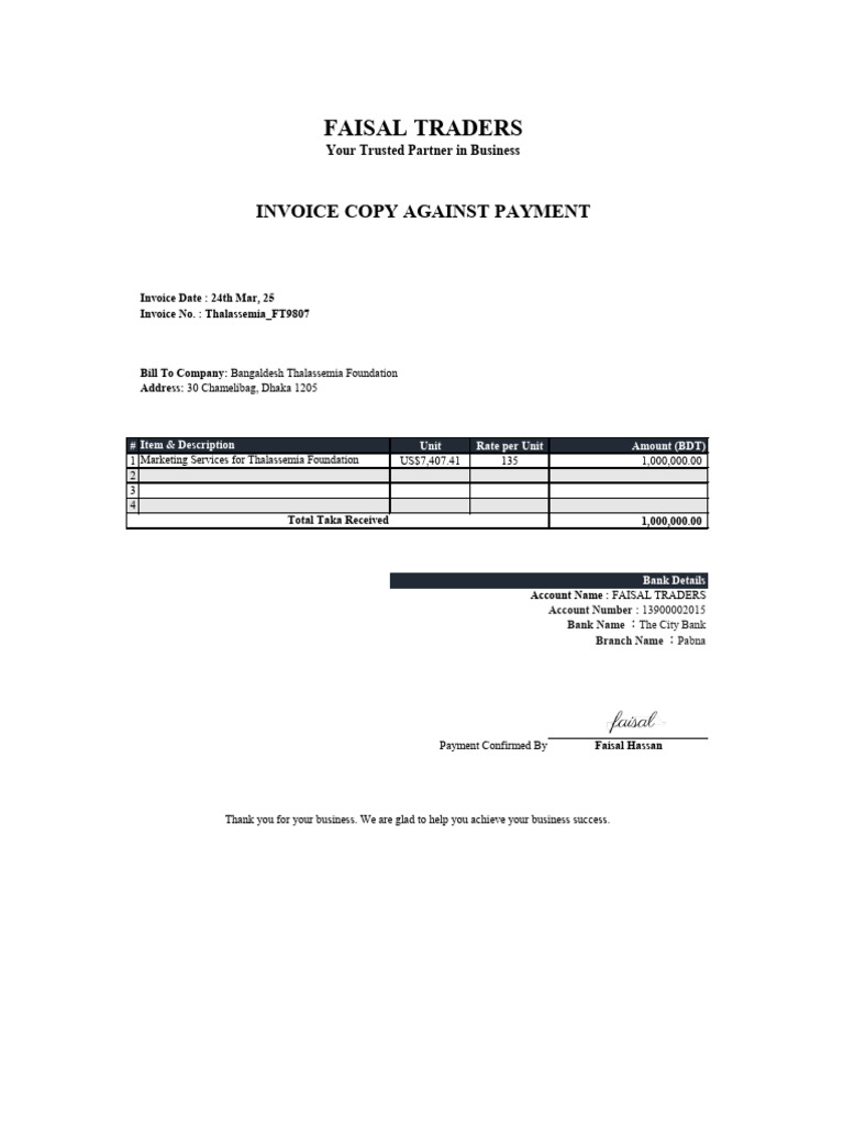 Thalassemia Foundation Invoice Details | PDF