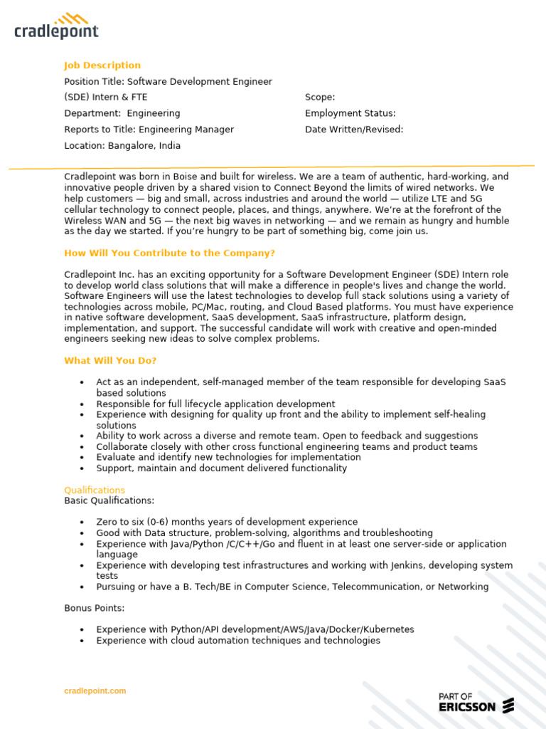 Software Development Engineer Role at Cradlepoint | PDF | Employment ...