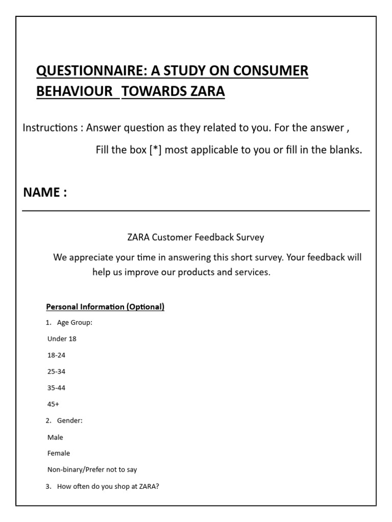 Questionnaire On Consumer Behaviour Towards Zara | PDF