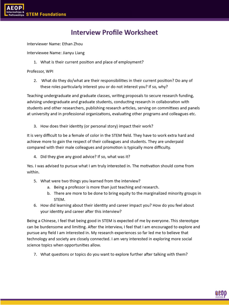 Interview Profile Worksheet | PDF