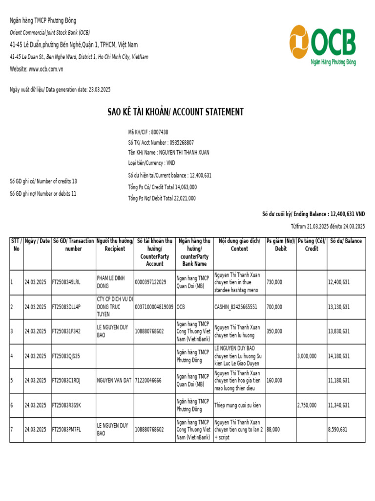 Ocb Account Statement File | PDF
