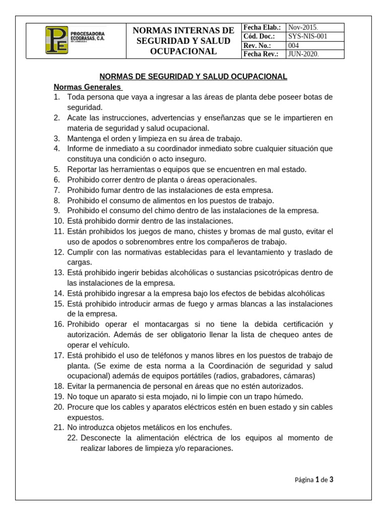 Normas de Seguridad y Salud Ocupacional | PDF | Seguridad y salud ...