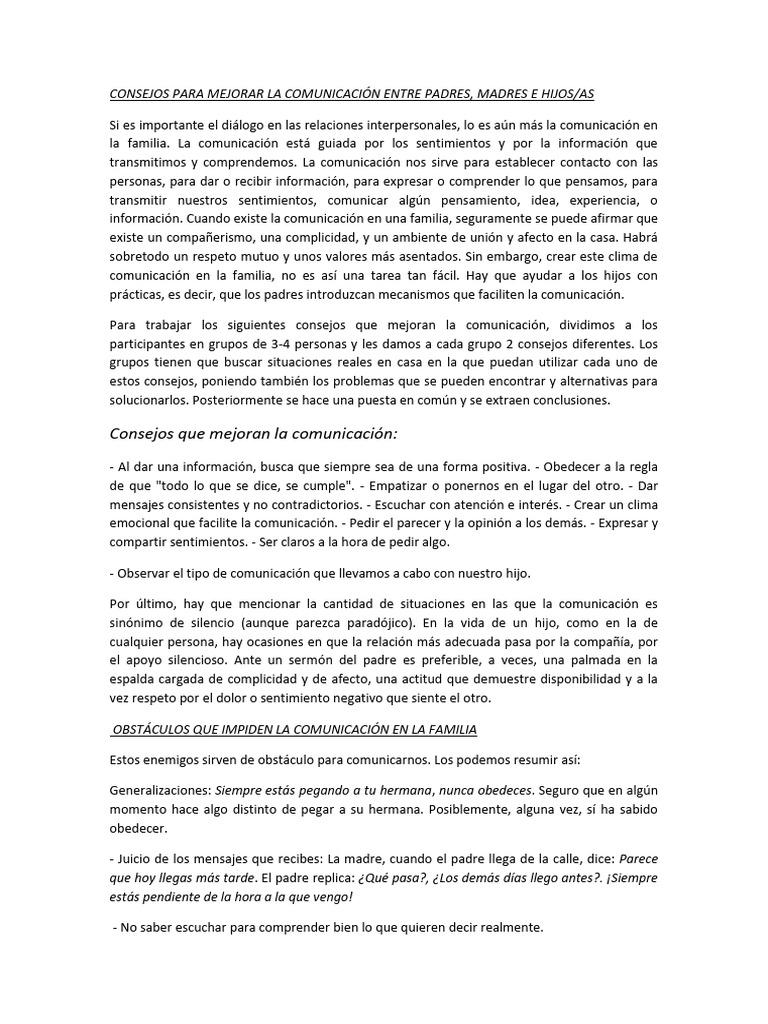 Consejos para Mejorar La Comunicación Entre Padres e Hijos | PDF ...