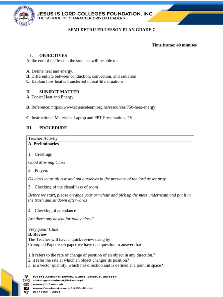 Grade 7 Heat and Energy Lesson Plan | PDF | Heat | Heat Transfer