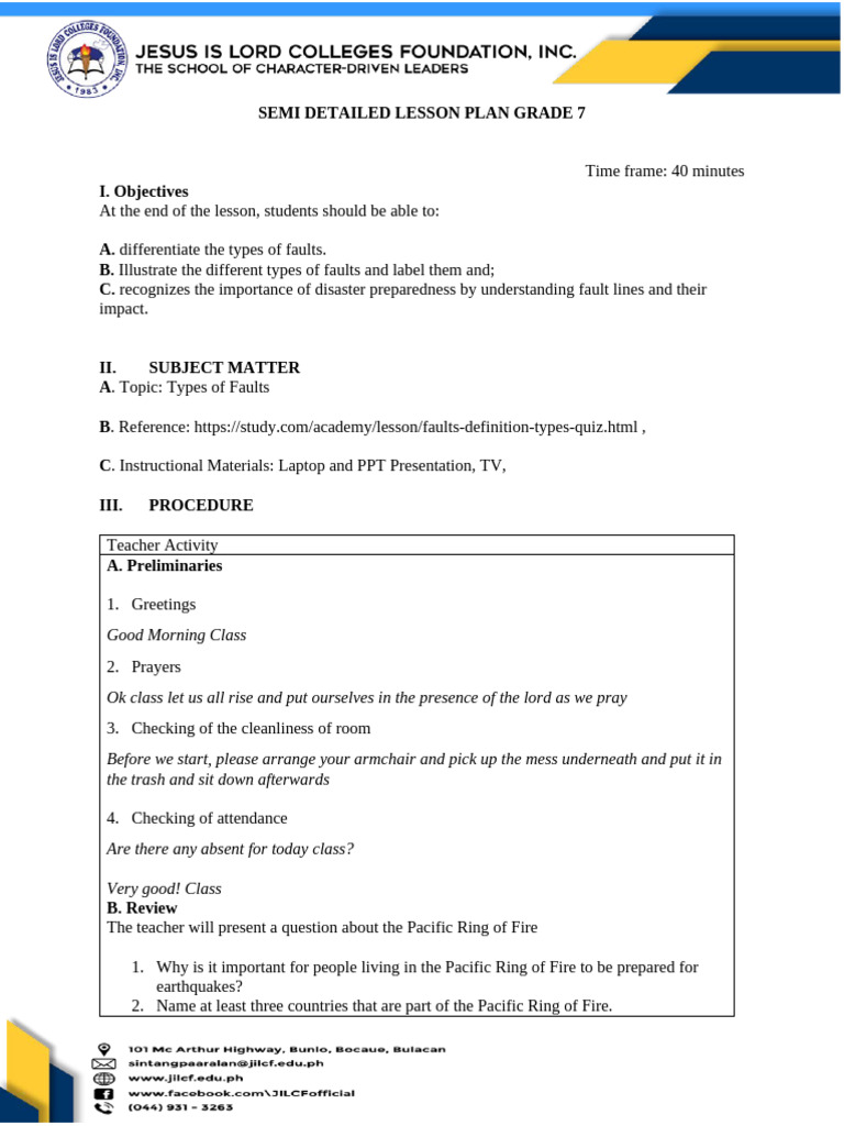 Types of Faults Lesson Plan for Grade 7 | PDF | Fault (Geology) | Plate ...