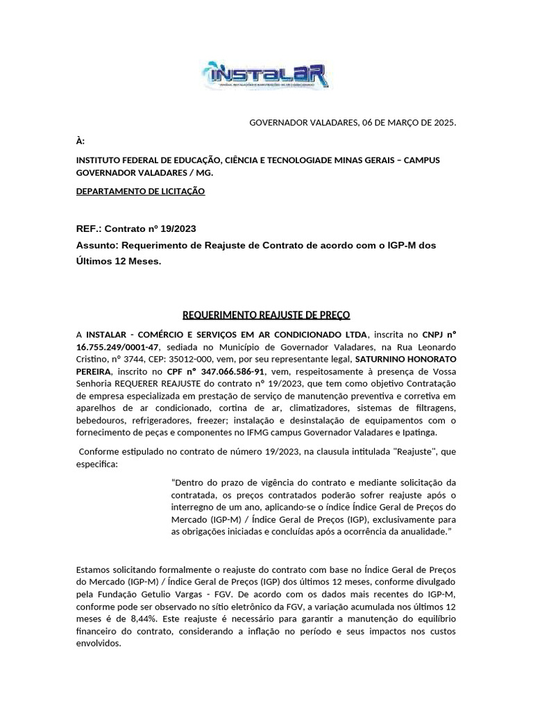 Reajuste de Contrato IGP-M 8,44% IFMG | PDF