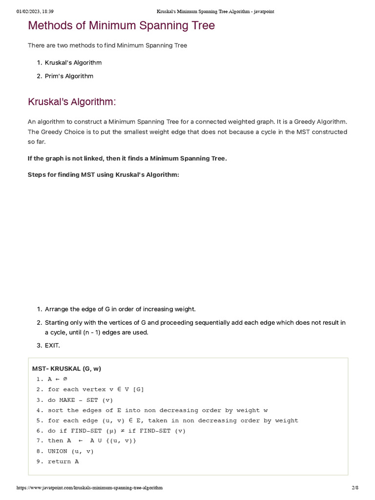 Kruskal's Minimum Spanning Tree Algorithm | PDF | Theoretical Computer ...