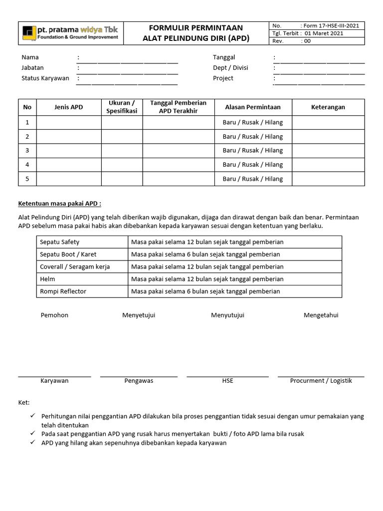 Formulir Permintaan APD Karyawan | PDF