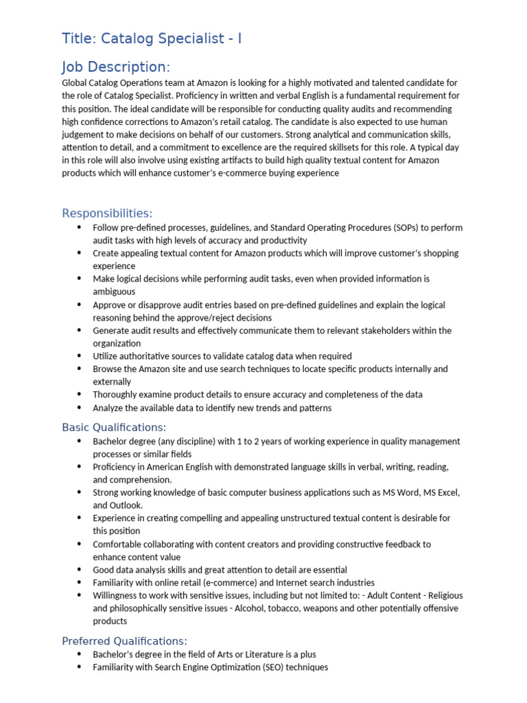Title: Catalog Specialist - I Job Description:: Responsibilities | PDF ...