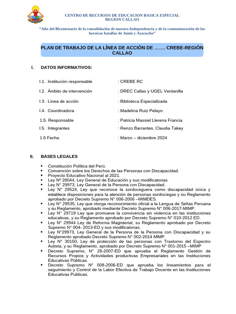 Plan de Trabajo CREBE Callao 2024 | PDF