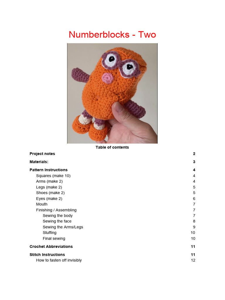 Numberblocks Two Crochet Instructions | PDF | Crochet | Sewing