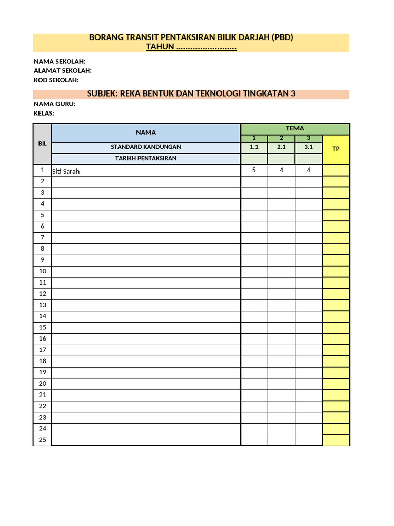 REKOD TRANSIT PBD RBT Tingkatan 3 (Version 2) | PDF