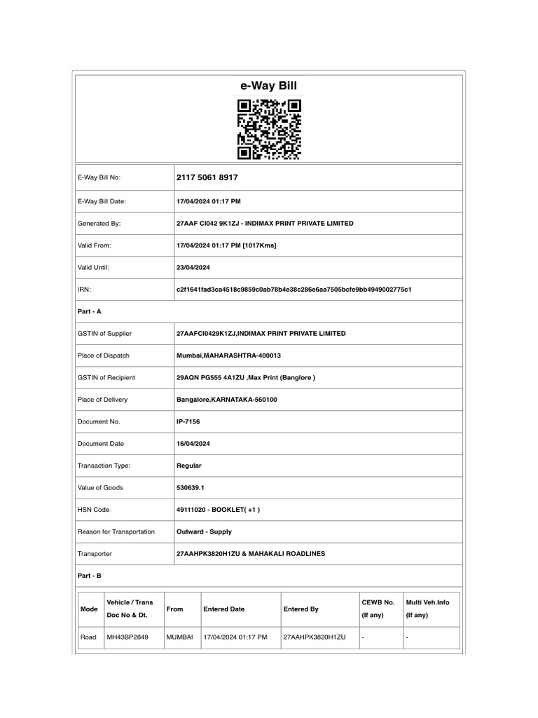 E-Way Bill Details for Indimax Print | PDF