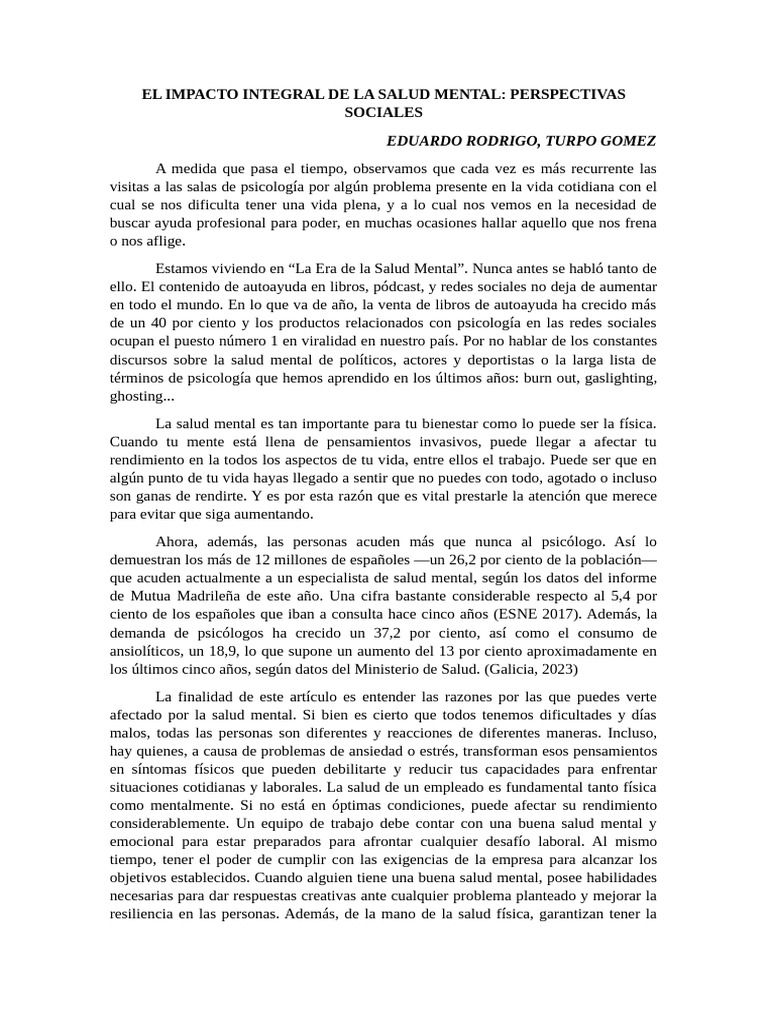 El Impacto Integral de La Salud Mental | PDF | Salud mental | Depresión ...