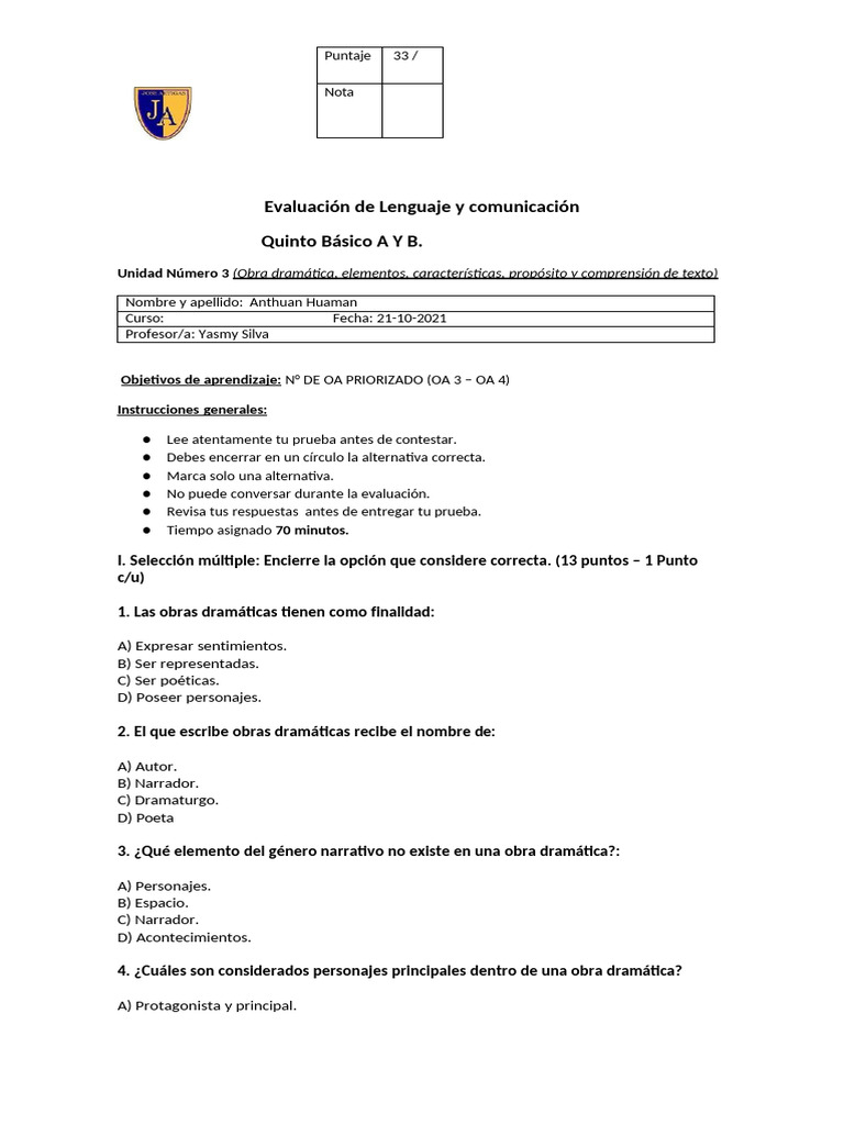 Evaluación de Lenguaje Quinto Básico A y B | PDF