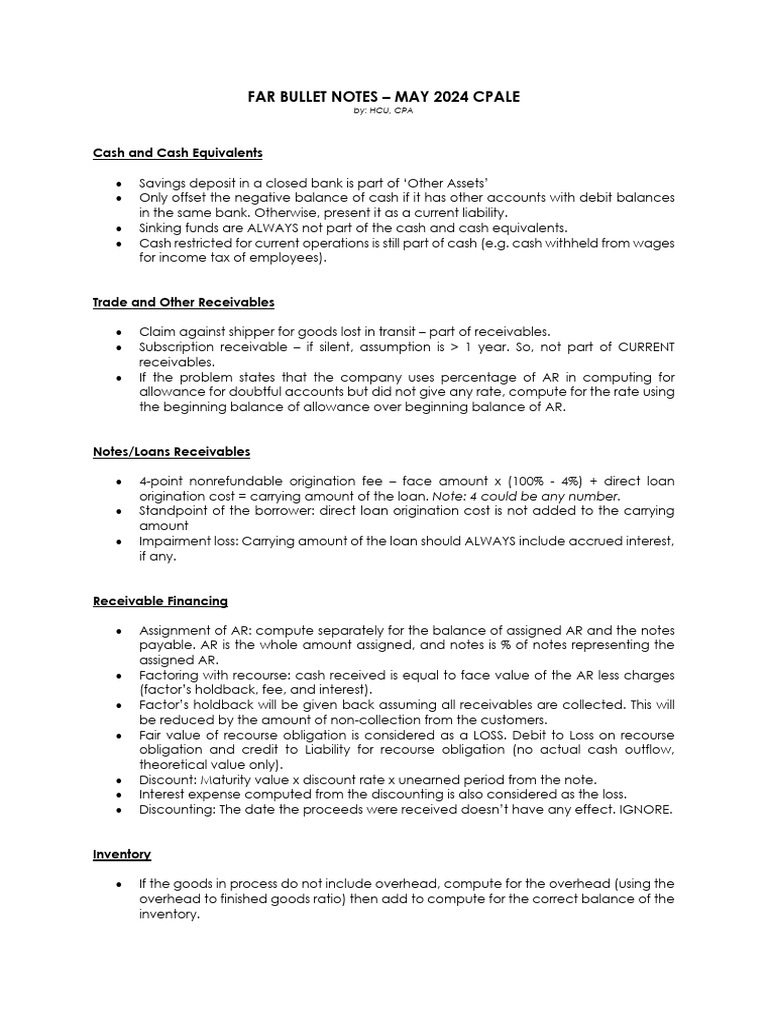 FAR Bullet Notes for CPA Exam May 2024 | PDF | Depreciation | Dividend
