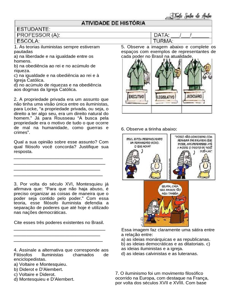 Atividade sobre Iluminismo para 8º Ano | PDF | Iluminismo | Montesquieu
