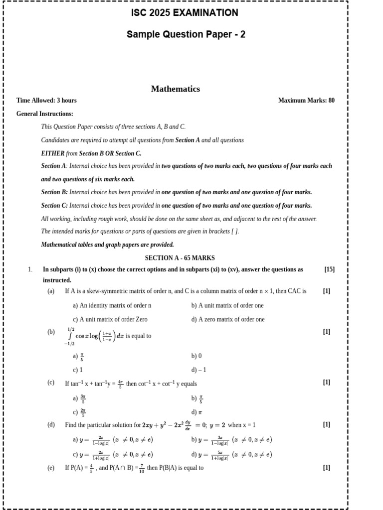 ISC-2025 Sample Question Paper - 2 | PDF | Euclidean Vector | Sphere