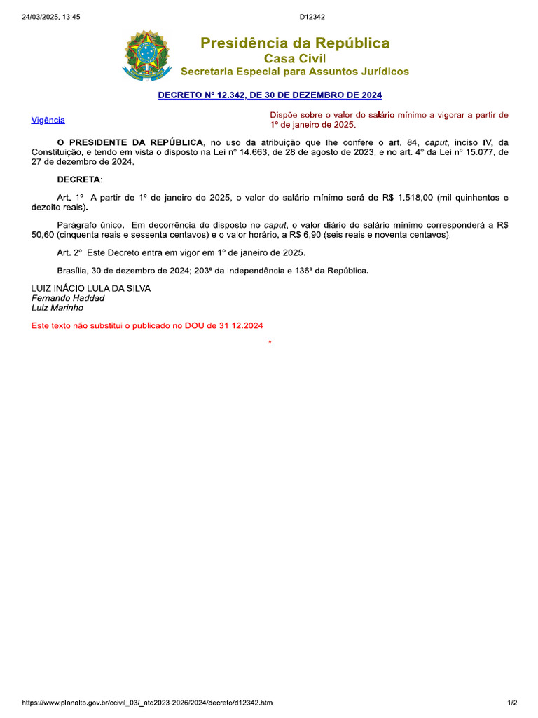 Dispõe Sobre o Valor Do Salário Mínimo A Vigorar A Partir de 1º de ...