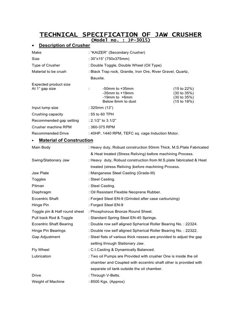 Technical Specification of Jaw Crusher | PDF | Mechanical Engineering ...