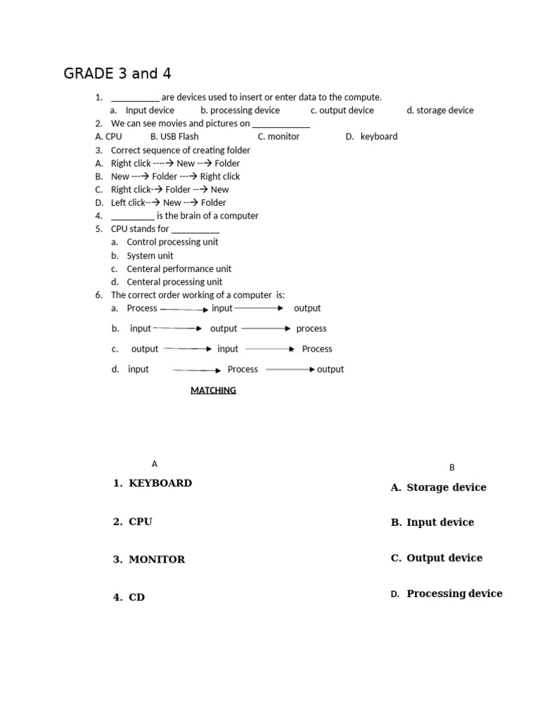 Computer Basics Quiz for Grades 3-4 | PDF