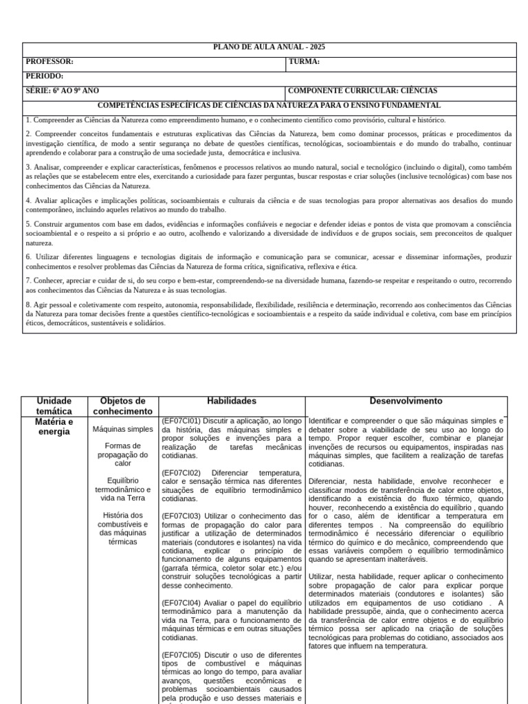 Plano de Aula de Ciências 2025 | PDF | Science | Termodinâmica