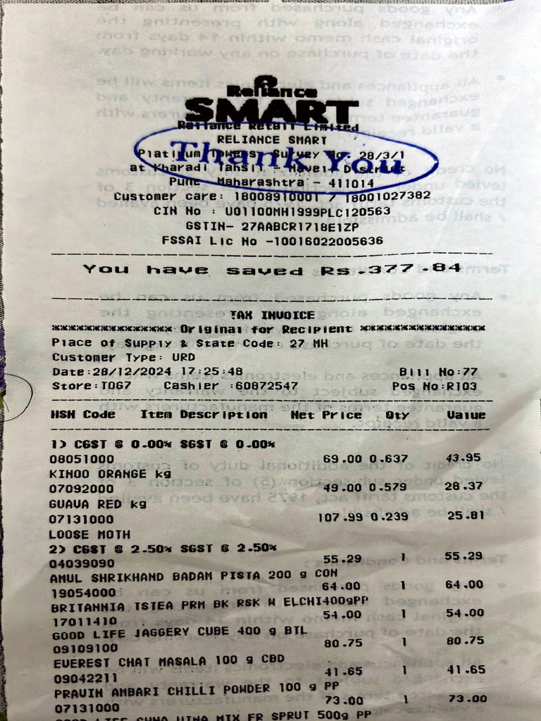 Invoice Summary for Grocery Purchase | PDF
