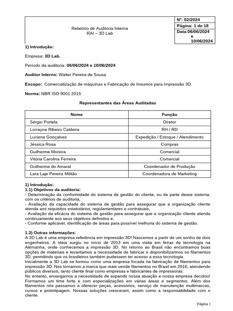 Auditoria Interna da 3D Lab: Conformidade ISO 9001 | PDF | Qualidade ...