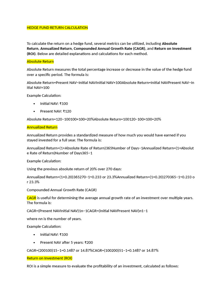 Hedge Fund Return Calculation Methods | PDF