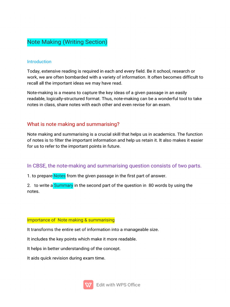 XIEng, NOTE MAKING (Writing Section) | PDF