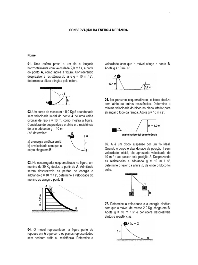 Exercícios de Conservação de Energia | PDF | Massa | Energia cinética