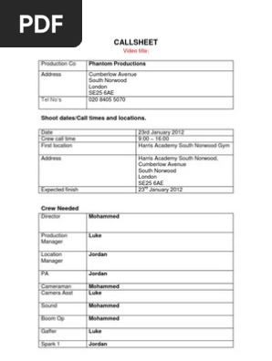 Filming Call Sheet