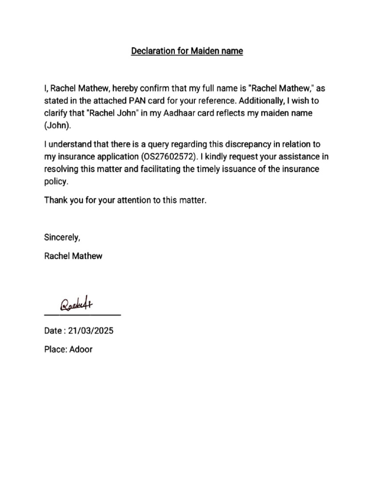 Maiden Name Decleration Rachel | PDF