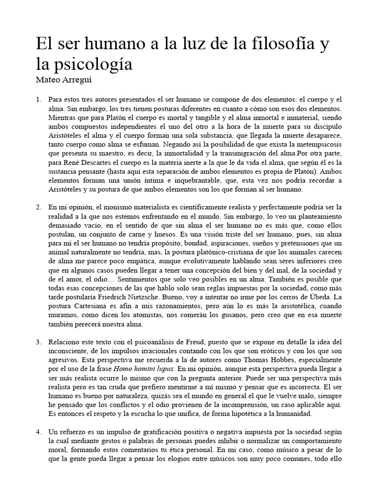 El Ser Humano A La Luz De La Filosofía Y La Psicología Mateo Arregui