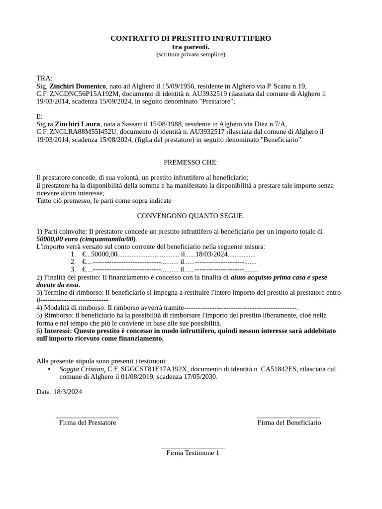 Contratto Prestito Infruttifero. | PDF