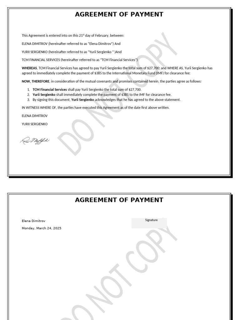 Payment Agreement Between Parties | PDF