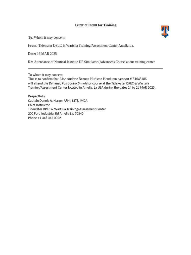 Letter of Intent For Alec Bennett Hurlston Simulator Class | PDF