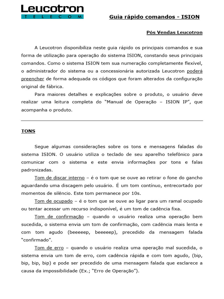 Guia Rápido Comandos Ision | PDF | Senha | Telefonia