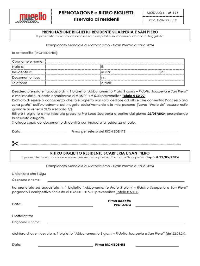 Modulo Prenotazioni Biglietti Residenti - PRIVACY - Scarperia e SPS ...